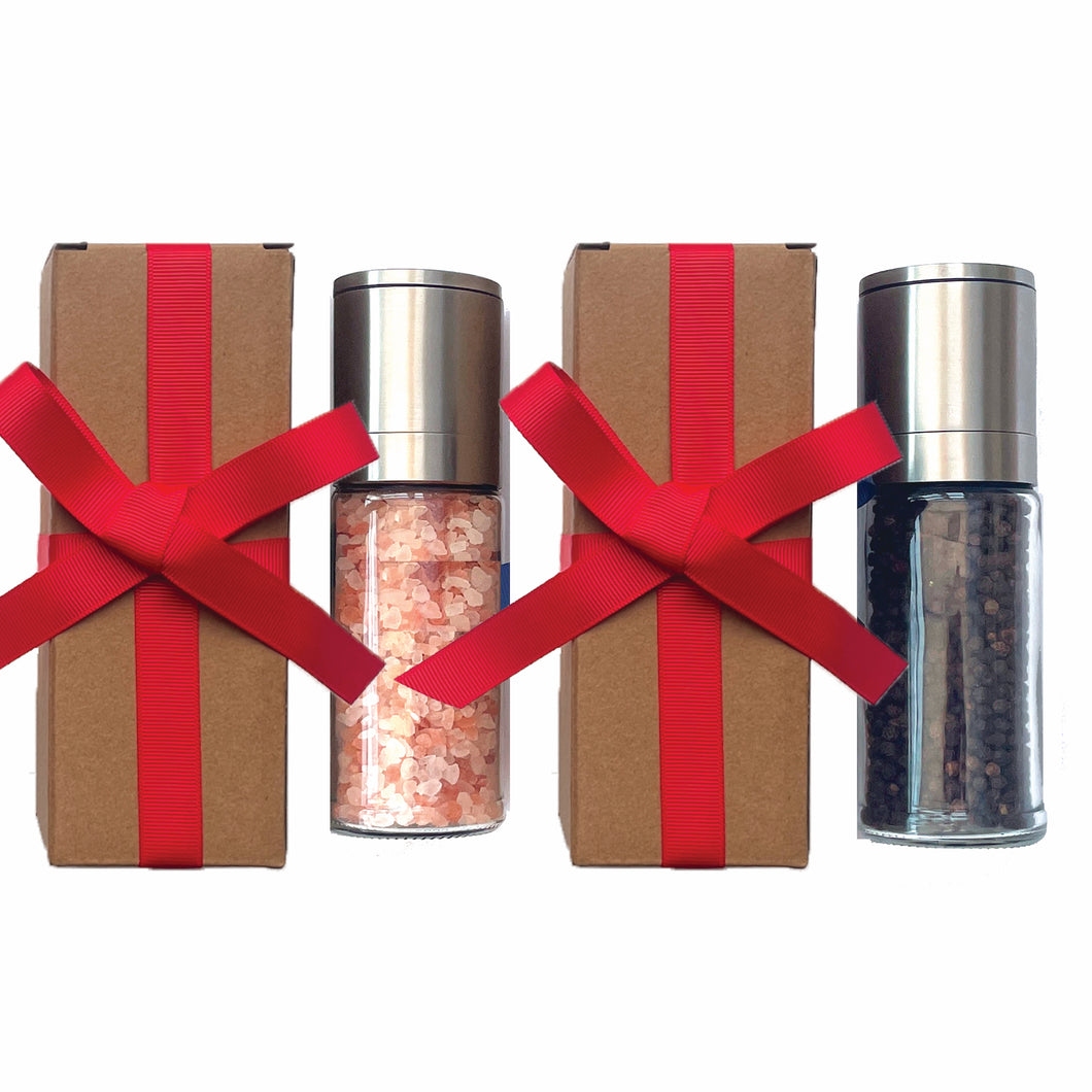 Christmas Gift Set | Salt and Pepper Medium Mills Grinders | with Pink Himalayan Rock Salt & Kampot Pepper